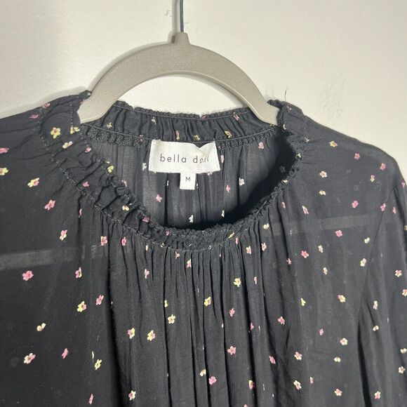 Bella‎ Dahl Top Womens Medium Black Floral Smocked Long Sleeve Tie Front Rayon - Picture 12 of 13